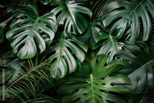 Close-up view of lush green monstera leaves against a dramatic black background.