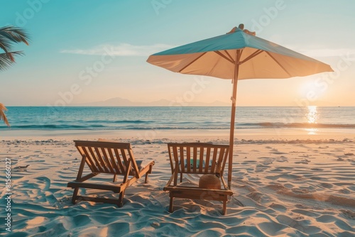 Two lounge chairs under an umbrella face the tranquil ocean  basking in the warm hues of a tropical sunset.