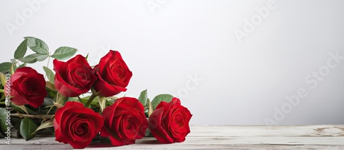 red roses on white wooden background copy space