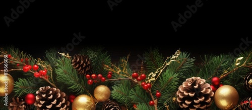 Christmas background Christmas boarder with fir tree branch with cones and ornament Christmas baubles in golden and red colour Close up with copy space and sample text Winter holidays concept