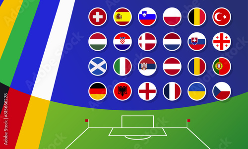 European national football teams with round flag icons on sports background