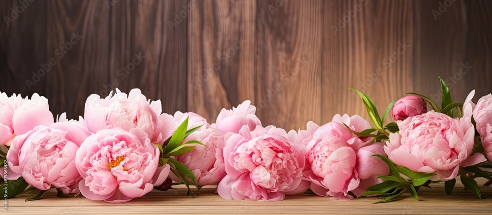 Pink peonies on wooden table. copy space available