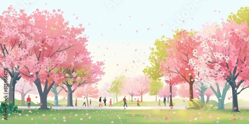 Spring nature  park. Cherry blossom  sakura trees  landscape panorama. Japan parkland with green plants and blooming flowers. People walking outdoors  enjoying Hanami season. Flat illustration