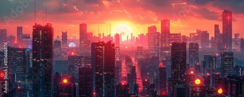 A retro-futuristic metropolis pulsating with life and energy  where towering skyscrapers and bustling streets are alive with the hum of technology.   illustration.
