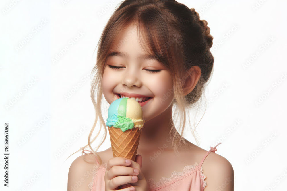 side view happy child eating color ice cream Isolated on white background side view happy child eating color ice cream Isolated on white background