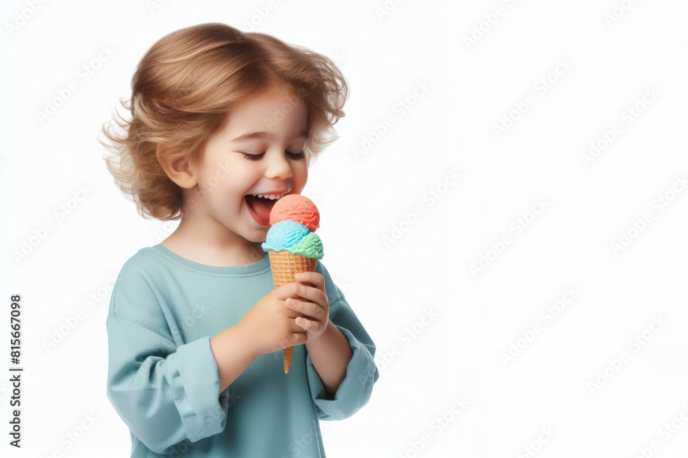 side view happy child eating color ice cream Isolated on white background side view happy child eating color ice cream Isolated on white background