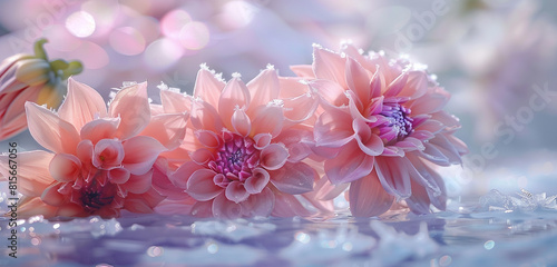 Romantic pink dahlias in frosty water create softness.