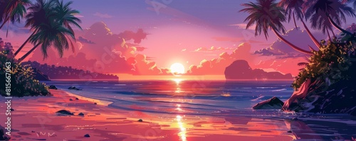 An idyllic beach and ocean landscape on a tropical island with palm trees and coconut trees in the sunset light.  simple illustration