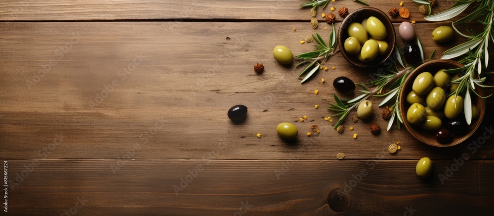 Naklejka premium Top view of olives olive oil bread on wooden table top view copy space