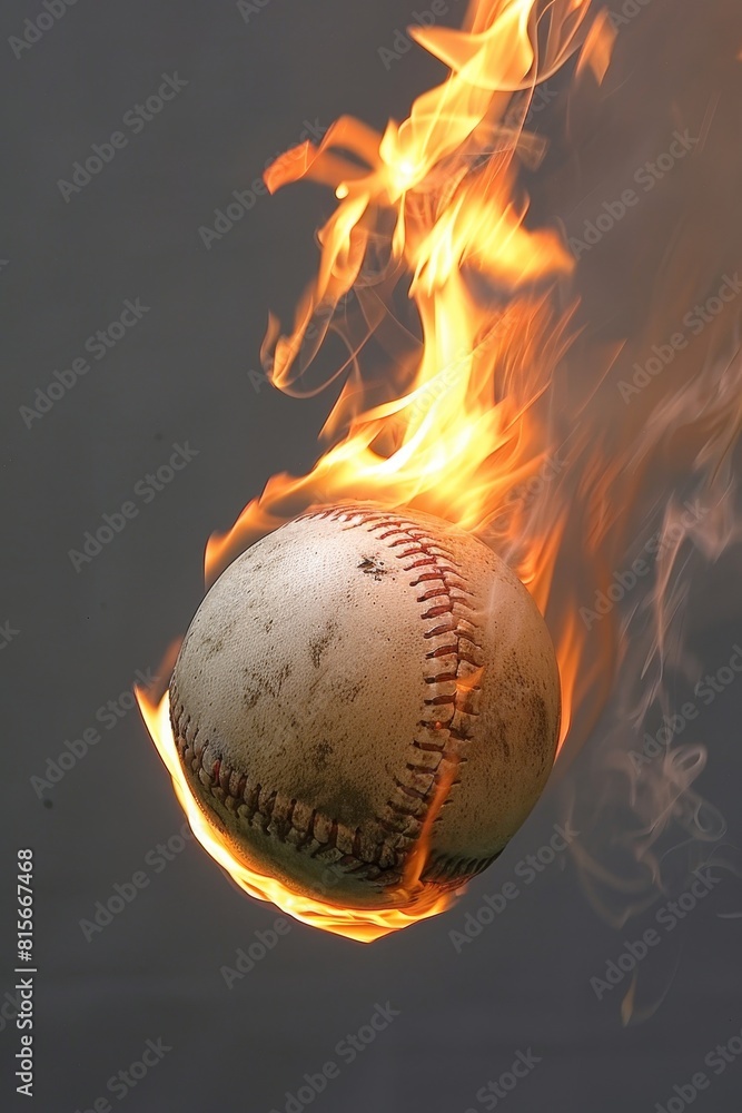 Baseball thrown at high speed leaves fiery trail in its wake, igniting flames along its path Baseball thrown at high speed leaves fiery trail in its wake, igniting flames along its path