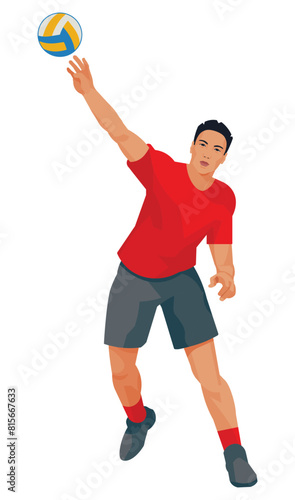 Asian volleyball players in red sports uniforms throw the ball with one hand