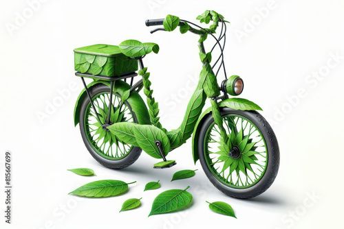 Electric bike made from green leaves Isolated on white background