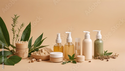 Organic skin care cosmetic products, natural plant ingredients on beige background. Bio science research, herbal skin care and eco lifestyle concept.