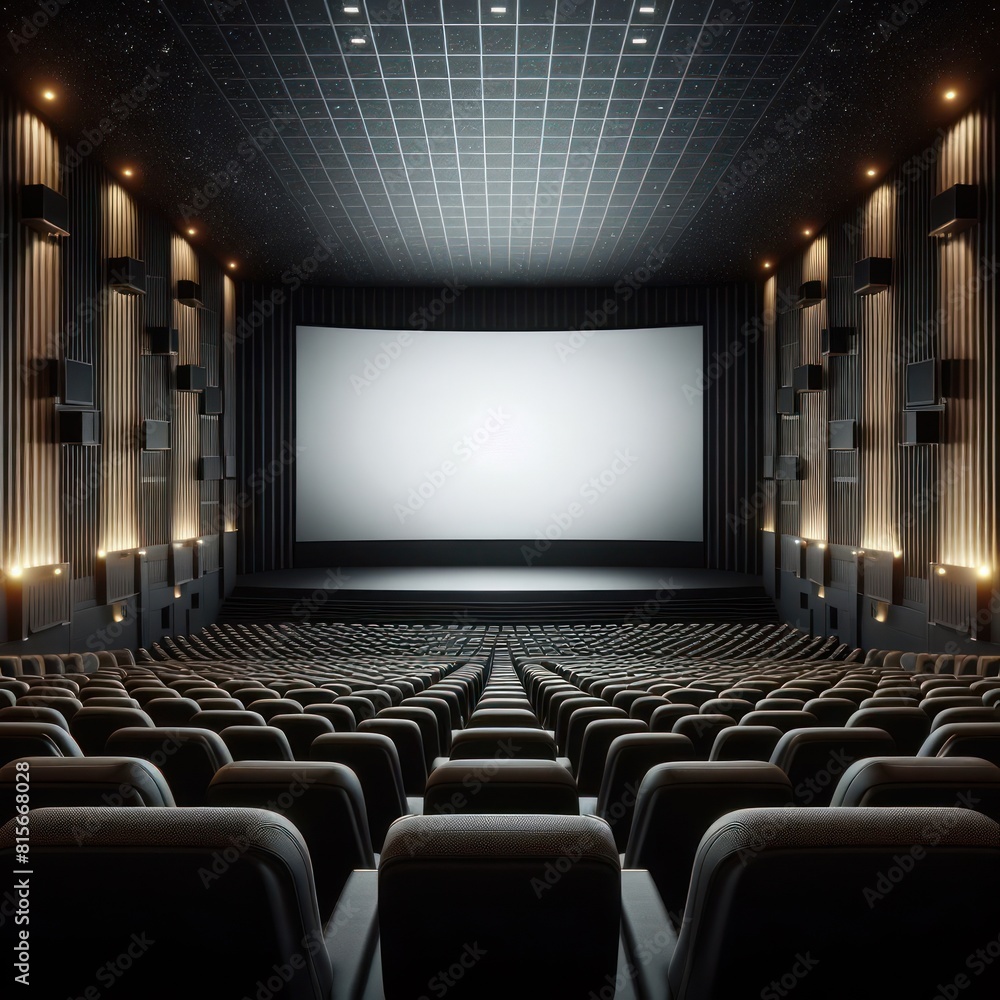Fototapeta premium Movie cinema hall interior with rows of seats and white blank mockup screen Isolated on black background