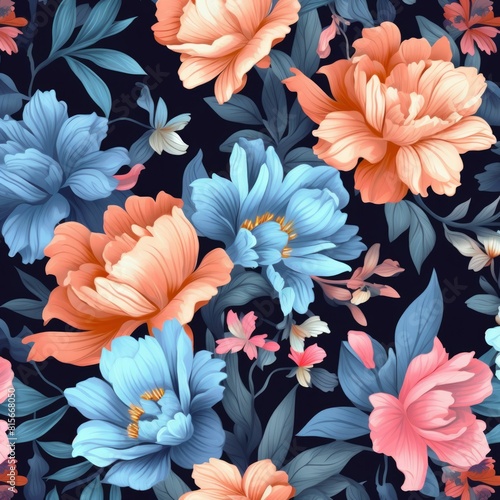 Vibrant floral pattern featuring deep navy blue and bright pink flowers on a dark background