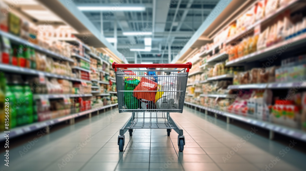 Shopping in supermarket by supermarket cart in motion blur. Shopping in supermarket by supermarket cart in motion blur.