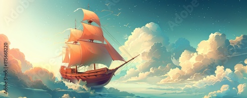 A steampunk airship gliding gracefully through the sky, its billowing sails catching the wind as it embarks on a journey to unknown realms. illustration.