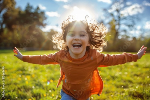 Cheerful Child Cavorting in a Sun-Drenched Field, Freedom photo