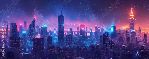 A futuristic megacity skyline with neon lights and holographic advertisements illuminating the night sky.   illustration.