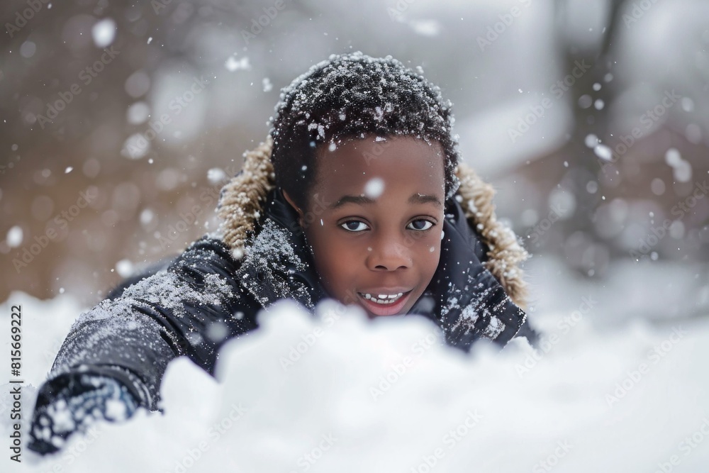 Gleeful African boy sliding on snow in warm clothes. Little child enjoying frost outdoor wintertime. Generate ai Gleeful African boy sliding on snow in warm clothes. Little child enjoying frost outdoor wintertime. Generate ai