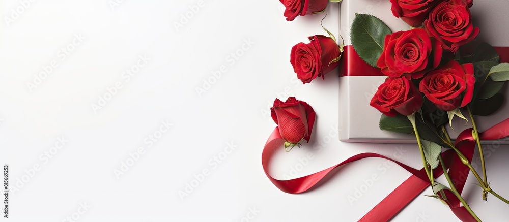 Red roses flower and present box on light background Top view with copy space Red roses flower and present box on light background Top view with copy space