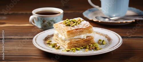 Pistachio baklava on a white plate with Turkish coffee A plate of traditional baklava on burlap sack. copy space available