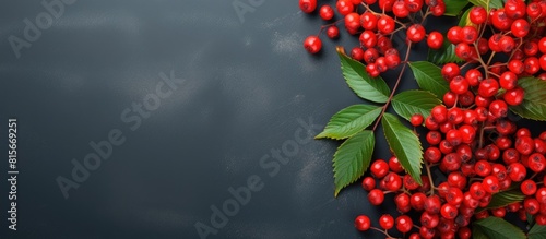 Rowan leaves in the corners red and juicy. copy space available