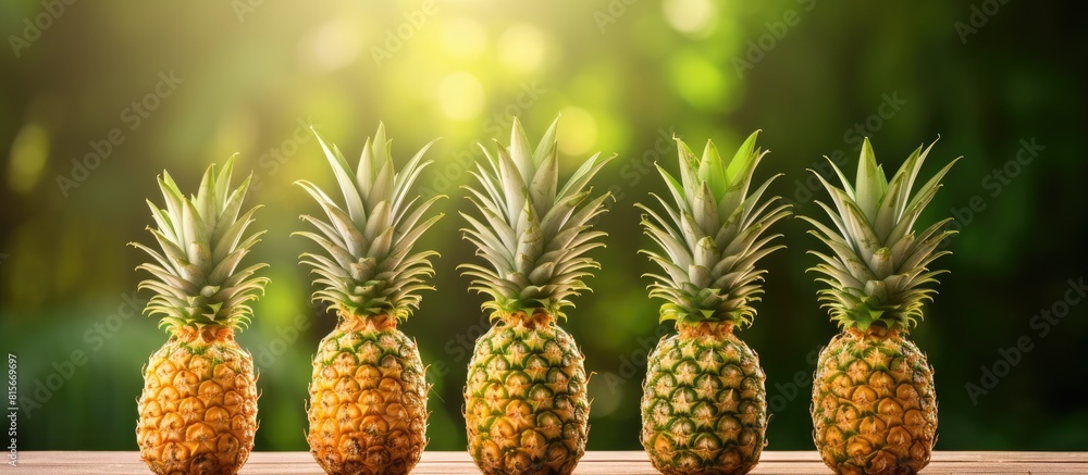 Ripe pineapples neatly arranged in raw with copy space over wooden and nature background Ripe pineapples neatly arranged in raw with copy space over wooden and nature background