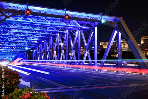 Photography Contemporary street bridge illuminated with blue lights