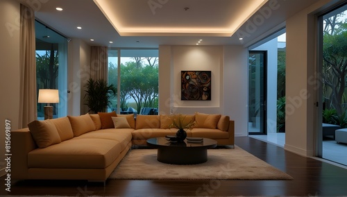 African style interior. Modern living room in luxury house with ethnic decor.
