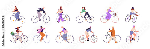 People are on bicycles set. Riders cycling on different bikes- sports, for ladies with basket. Happy bicyclists walk. Various cyclists drive. Flat isolated vector illustrations on white background