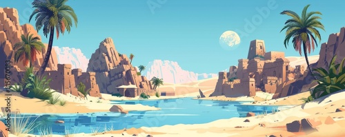 A mystical desert oasis hidden amidst the dunes  where sparkling pools of water and verdant palm trees provide refuge from the scorching sun  and ancient ruins hold secrets of the past. illustration