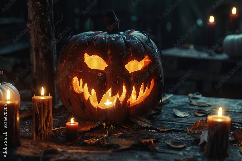 Creepy helloween pumpkin head lighted with candle 3d illustration. 3D Illustration Creepy helloween pumpkin head lighted with candle 3d illustration. 3D Illustration