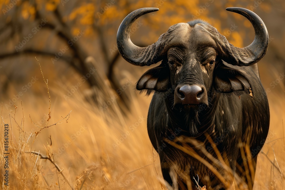 Naklejka premium Close-up of a powerful african buffalo in a golden savannah landscape during the magic hour