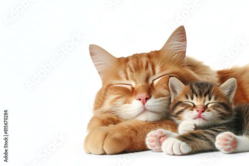 funny cat and her kitten sleeping Isolated on white background