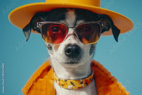 Dog with Orange Glasses Matching Blue Backdrop