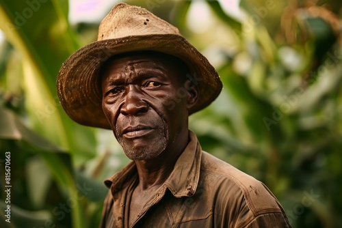 Close-up of a man in a straw hat with a pensive expression, standing in a crop field