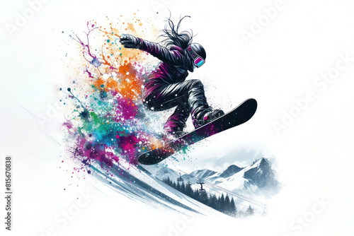 Snowboarder jump freestyle color ink splash paint Isolated on white background
