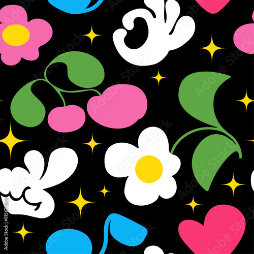 Naive playful cartoon seamless pattern. Cherry, music, star, daisy, vintage hands in the trendy cartoon retro style. Aesthetics of brutalism. Vector illustration with wavy geometric shapes.