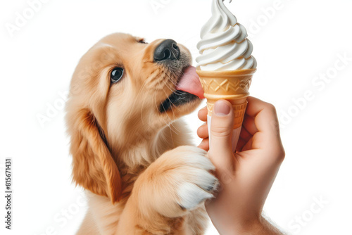 dog eating soft serve ice cream in cone hel dby human hand Isolated on white background photo