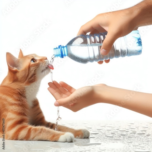 Human giving water from blastic bottle to cat in summer Isolated on white background photo