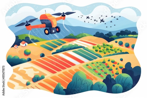 Isometric illustrations emphasize the integration of drone technology and agricultural sprayers in automated farm management for vibrant crop production © Leo