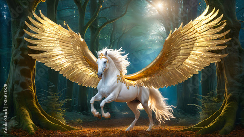 Pegasus with golden wings running in a forest at dusk. Greek mythology.