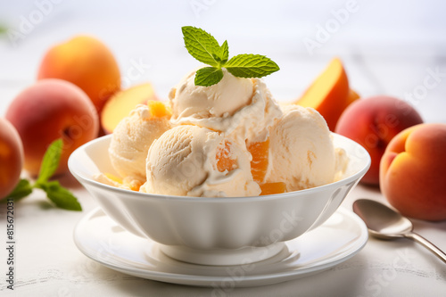 Homemade peach ice cream served in a white bowl, garnished with a fresh mint leaf surrounded by whole and sliced peaches. Delicious refreshing summer treat.