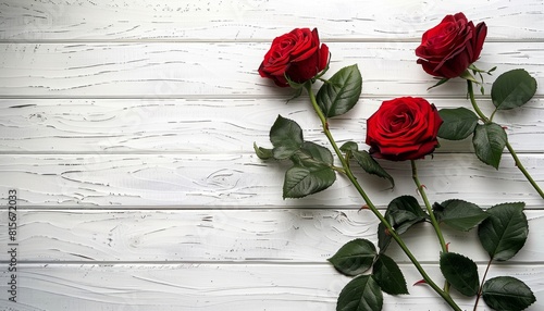 Red roses on white wooden background. Copy space for text