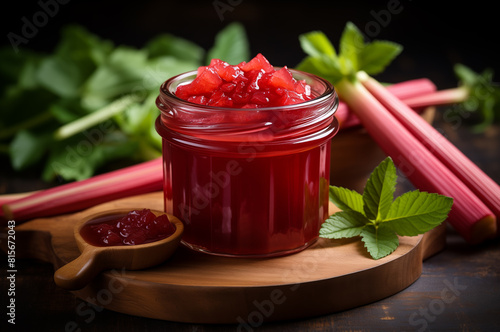 Delicious homemade rhubarb compote served in a jar with wooden spoon, surrounded by fresh rhubarb and mint leaves.