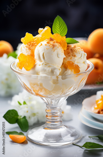 A close-up of a glass dish filled with creamy vanilla apricot ice cream, garnished with apricot compote topping and mint leaves, surrounded by whole and sliced fresh apricots.