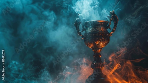 Atmospheric shot of a championship trophy with smoke curling up against a dark, moody background