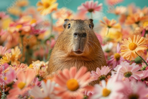 Funny capybara in colorful flowers