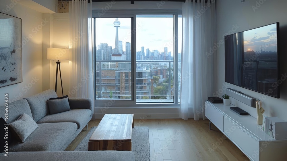 Fototapeta premium Compact urban living space with essential furnishings, a wallmounted TV, and a sleek floor lamp